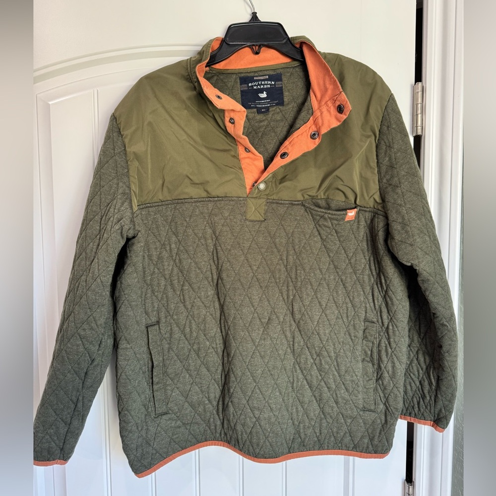 Southern Marsh Olive Green Quilted Pullover with Orange Trim (fits like a large)